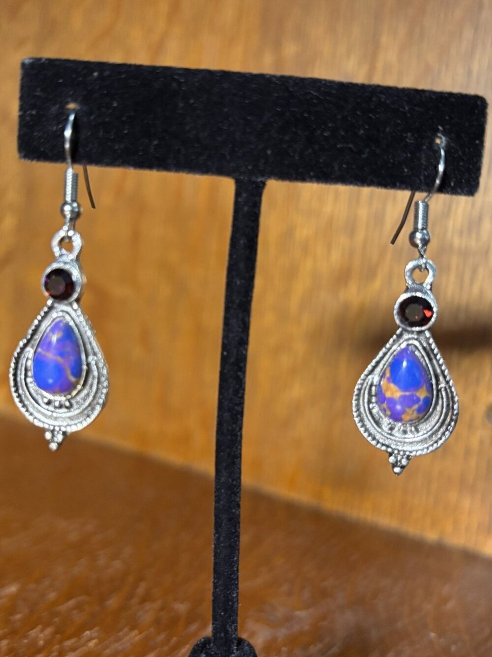 Blue Jasper Look & Garnet Red Teardrop Dangle Earrings Boho Southwest